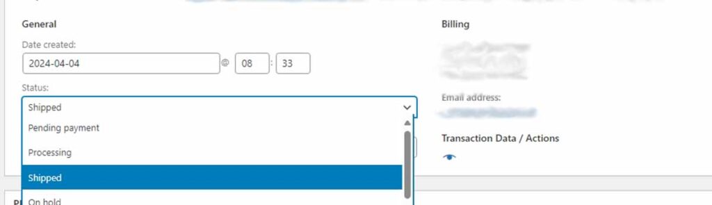 WooCommerce Order Status Update showing new shipped status